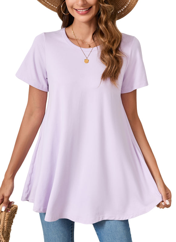 Lavender Purple Short Sleeve Swing Tunic Top – Women's Plus Size Crew Neck Flowy Blouse to Wear with Leggings (S–7XL)