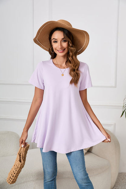 Lavender Purple Short Sleeve Swing Tunic Top – Women's Plus Size Crew Neck Flowy Blouse to Wear with Leggings (S–7XL)