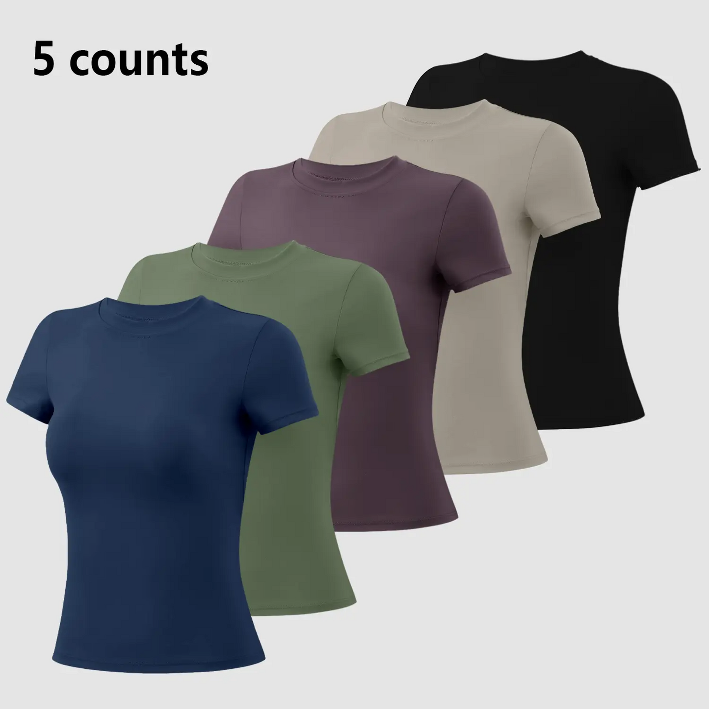 Women's 5-Pack Slim-Fit Sports Tee Set – Moisture-Wicking Nylon, Round Neck Workout Tops for Yoga & Gym