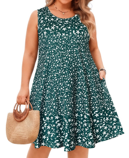 Women's Green Ditsy Floral Sleeveless Tank Dress with Pockets – Plus Size Casual Loose Fit