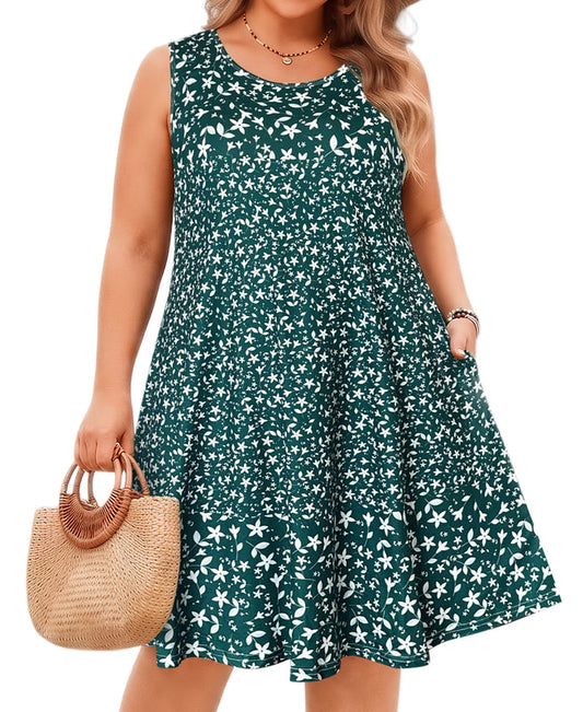 Women's Green Ditsy Floral Sleeveless Tank Dress with Pockets – Plus Size Casual Loose Fit