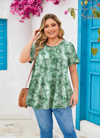 Women's Plus Size Green Tie Dye Tunic Top – Short Sleeve Boho Swing Blouse