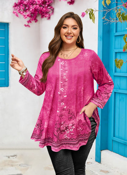 Women's Plus Size Hot Pink Floral Tunic Top – 3/4 Sleeve Swing Flare Blouse
