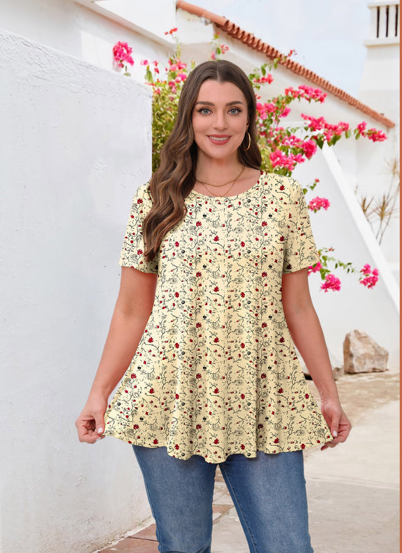 Women's Yellow Floral Swing Tunic Top – Short Sleeve, Plus Size