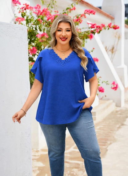 Women's Plus Size Floral Trim Tunic Top | V-Neck Short Sleeve Blouse – Royal Blue