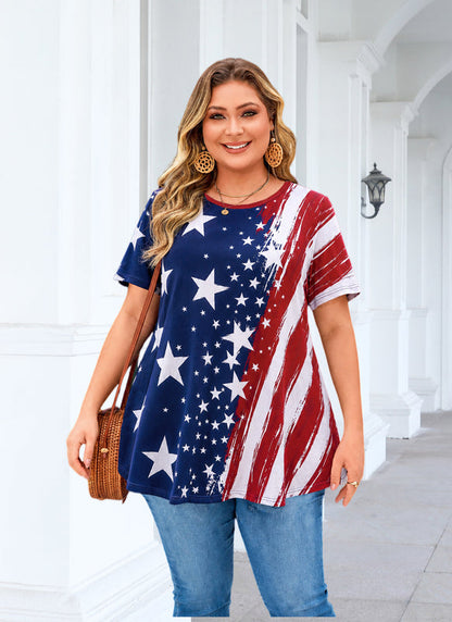 Women's Plus Size American Flag Tunic Top – Short Sleeve Patriotic Swing Blouse