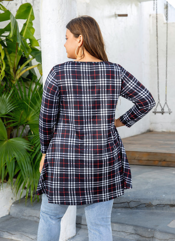 Women's Plus Size Plaid Tunic Top | 3/4 Sleeve Swing Blouse, Flowy Loose Fit, Wear with Leggings – Navy Plaid, XL to 4XL