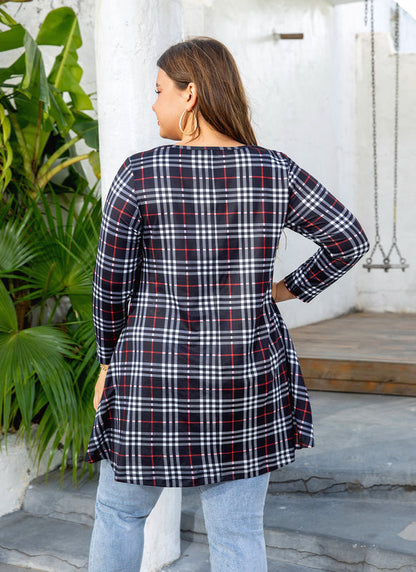 Women's Plus Size Plaid Tunic Top | 3/4 Sleeve Swing Blouse, Flowy Loose Fit, Wear with Leggings – Navy Plaid, XL to 4XL