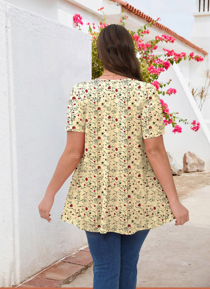 Women's Yellow Floral Swing Tunic Top – Short Sleeve, Plus Size
