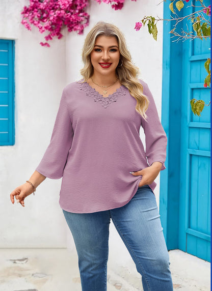 Women's Plus Size Purple Floral Trim V-Neck Blouse | 3/4 Sleeve Tunic Top