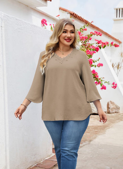 Women's Plus Size Khaki Floral Trim V-Neck Blouse | 3/4 Sleeve Tunic Top
