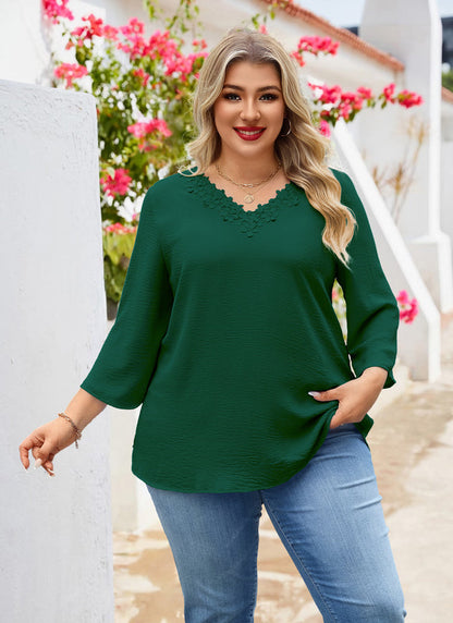 Women's Plus Size Floral Trim Tunic Top | 3/4 Sleeve V-Neck Blouse – Green