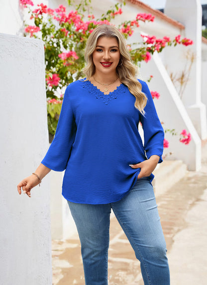 Women's Plus Size Royal Blue Floral Trim V-Neck Blouse | 3/4 Sleeve Tunic Top