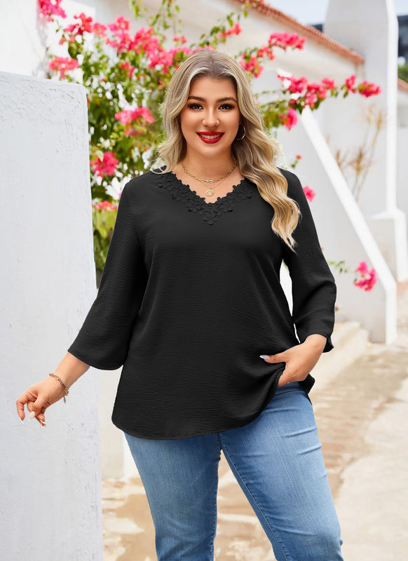 Women's Plus Size Floral Trim Tunic Top | 3/4 Sleeve V-Neck Blouse – Black