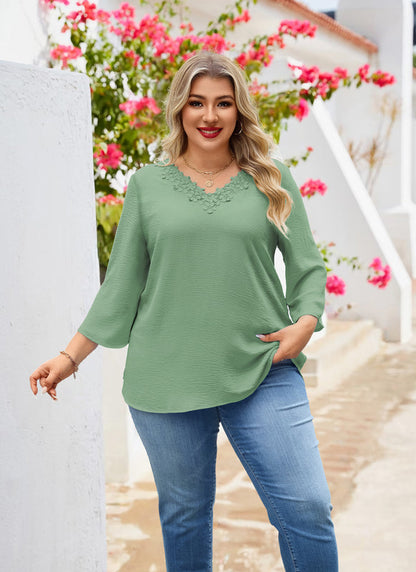 Women's Plus Size Sage Green Floral Trim V-Neck Blouse | 3/4 Sleeve Tunic Top