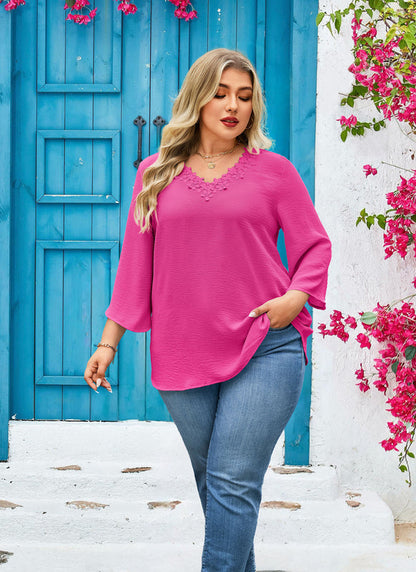 Women's Plus Size Hot Pink Floral Trim V-Neck Blouse | 3/4 Sleeve Tunic Top