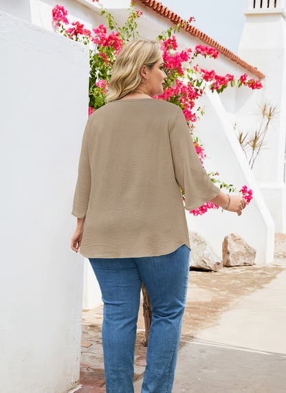 Women's Plus Size Khaki Floral Trim V-Neck Blouse | 3/4 Sleeve Tunic Top