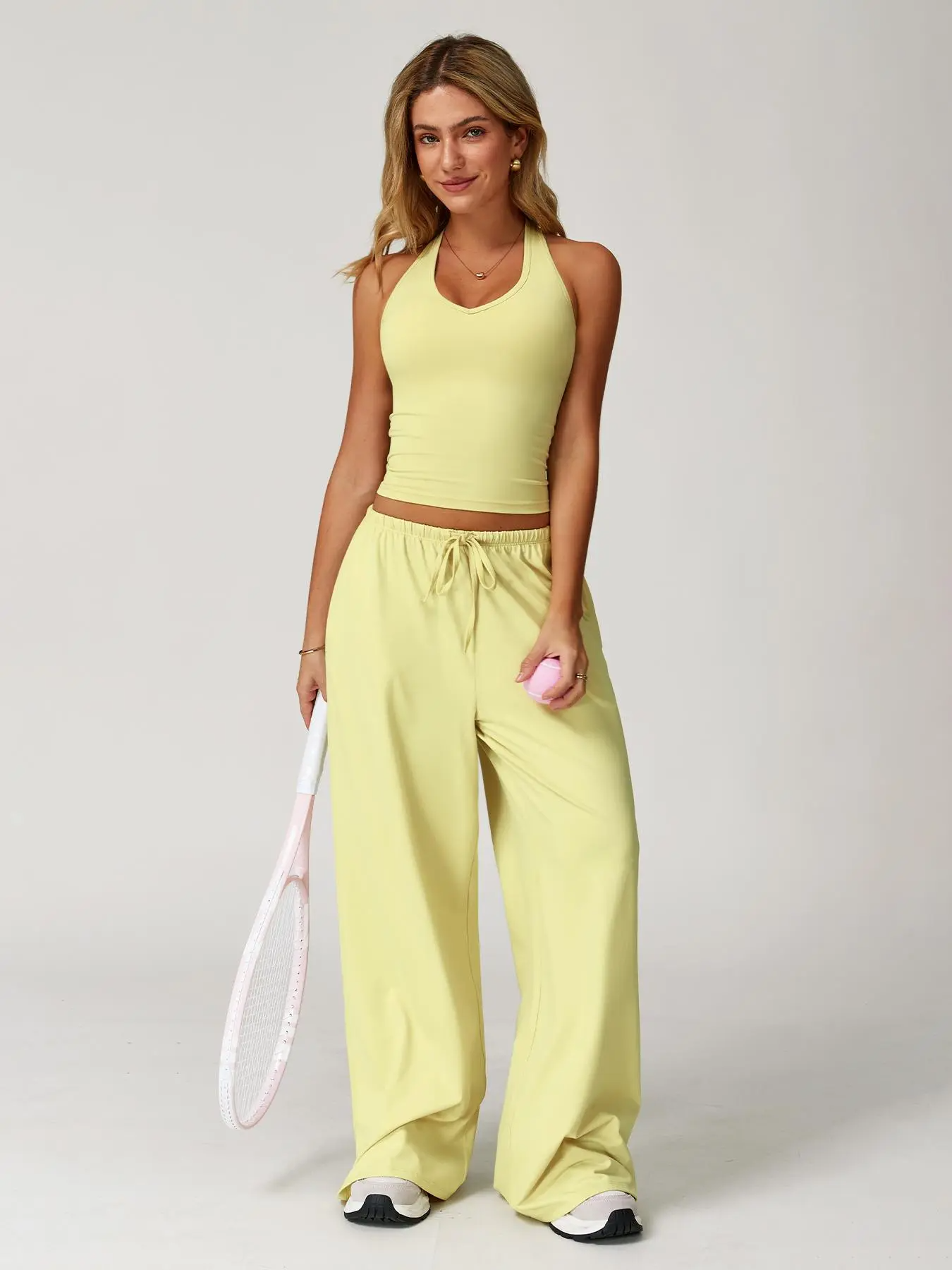 Women's Solid Halter Neck Top & Wide Leg Pants Sports Set, Casual Sleeveless Top & Pants for Daily Outdoor Wear, Ladies Sportswear for Tennis Running, Workout Clothes, Outdoor Sports Clothing