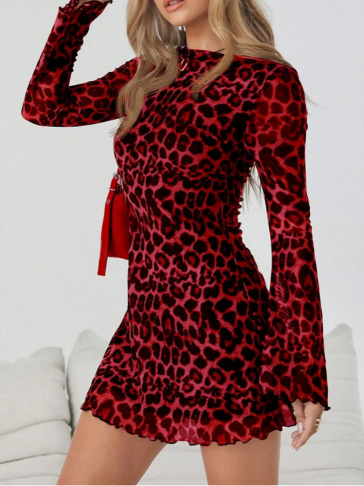 Leopard Print Bodycon Dress – Long Sleeve, Ruffle Hem, Mesh Detail