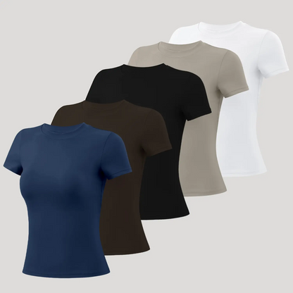 Women's 5-Pack Slim-Fit Sports Tee Set – Moisture-Wicking Nylon, Round Neck Workout Tops for Yoga & Gym