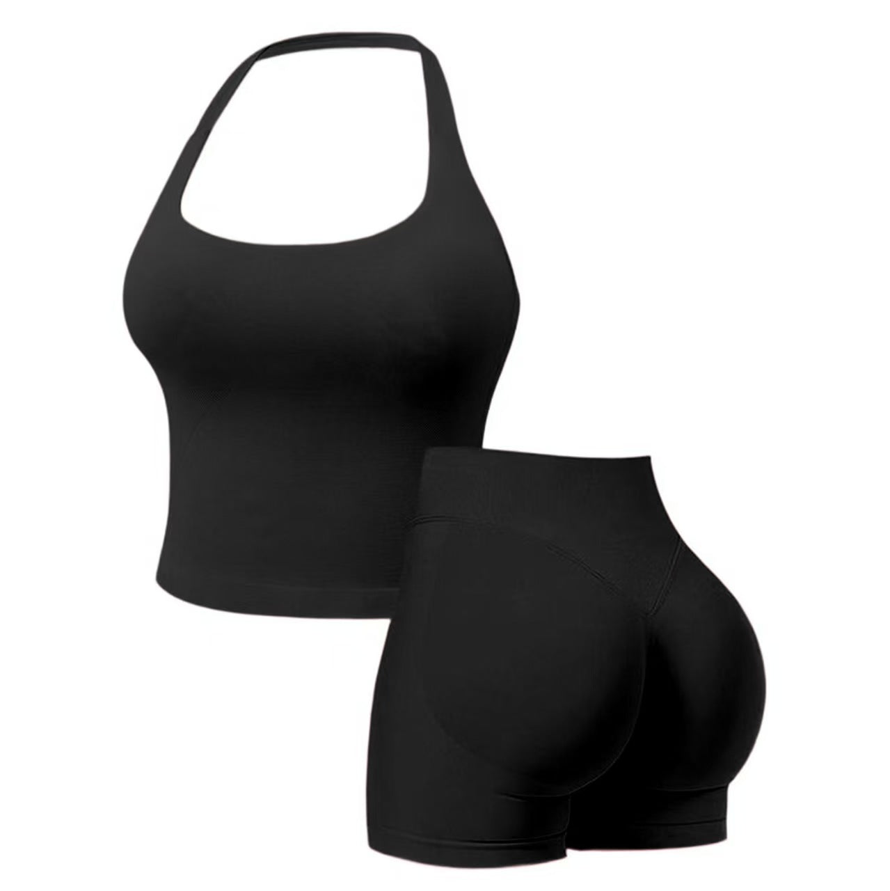 Two-Piece Set Women's Solid Color Halter Top & High Waist Shorts Sports Set, Sporty Breathable Quick Drying Outfits for Yoga Gym Workout Running, Ladies Sportswear for Summer, Quick Dry Activewear