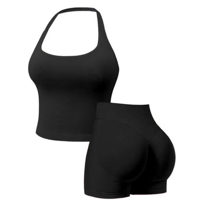 Two-Piece Set Women's Solid Color Halter Top & High Waist Shorts Sports Set, Sporty Breathable Quick Drying Outfits for Yoga Gym Workout Running, Ladies Sportswear for Summer, Quick Dry Activewear