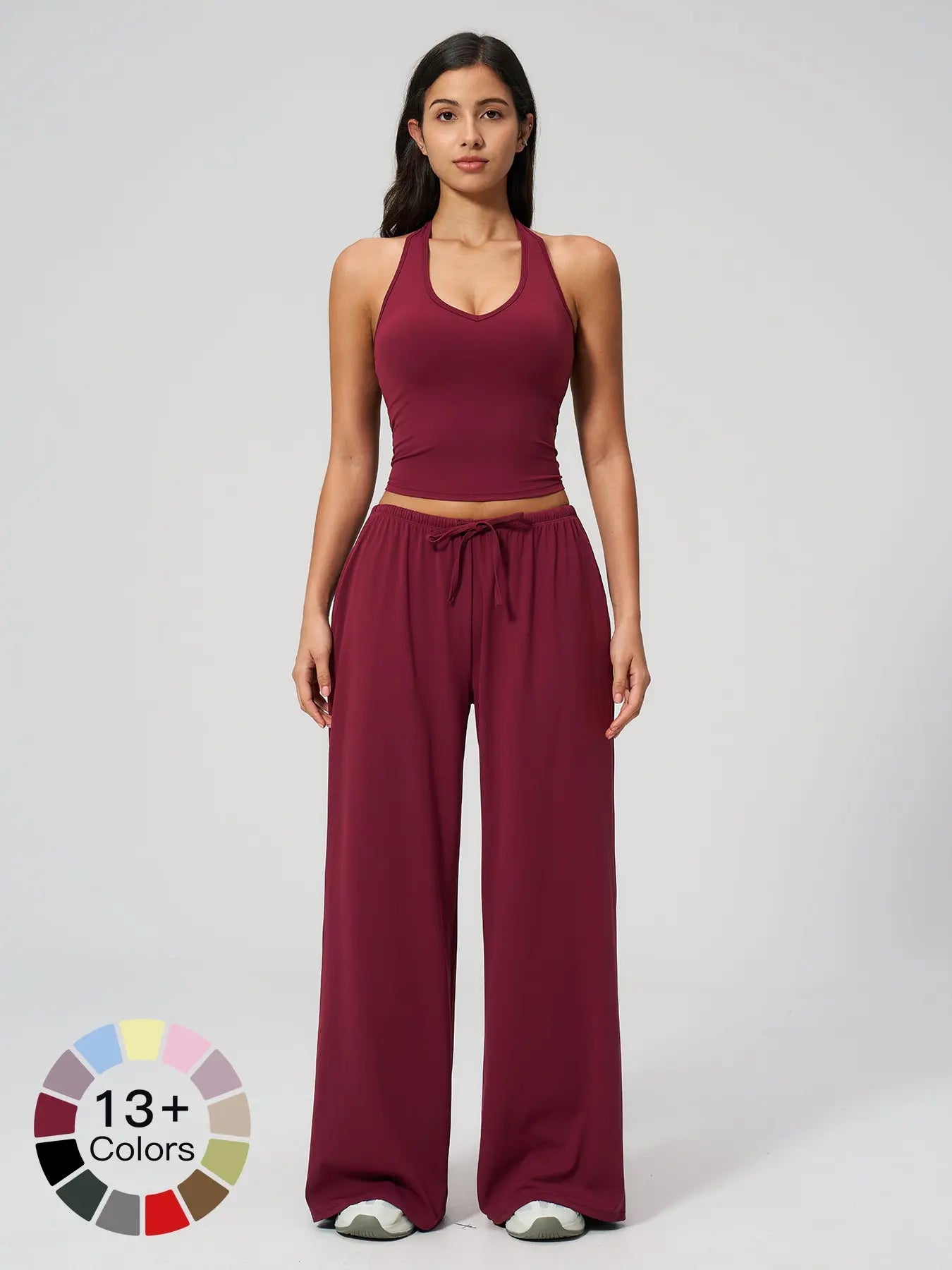 Women's Solid Halter Neck Top & Wide Leg Pants Sports Set, Casual Sleeveless Top & Pants for Daily Outdoor Wear, Ladies Sportswear for Tennis Running, Workout Clothes, Outdoor Sports Clothing