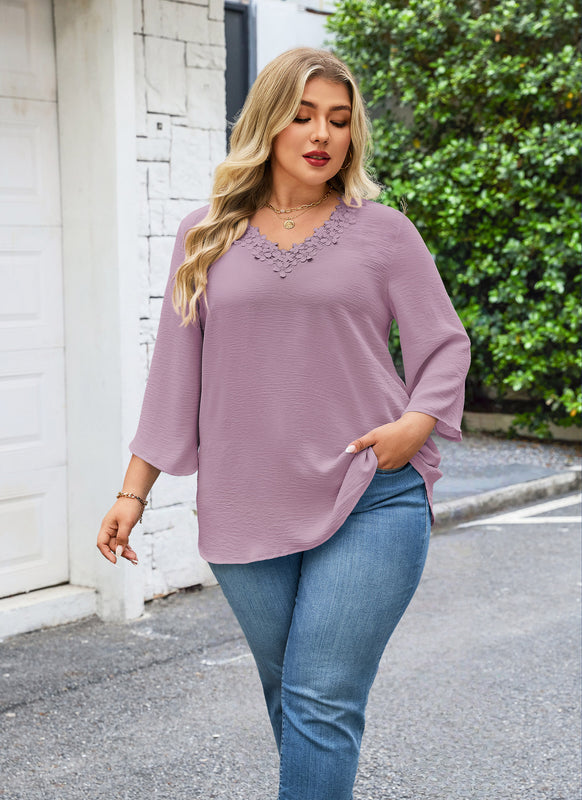 Women's Plus Size Purple Floral Trim V-Neck Blouse | 3/4 Sleeve Tunic Top