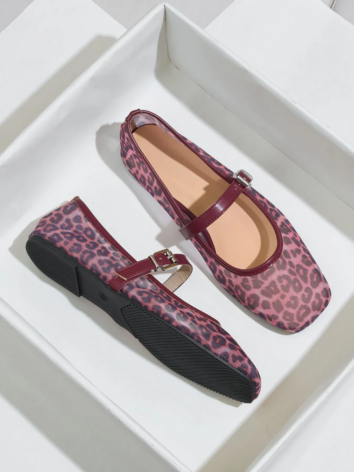 Women's Leopard Print Mesh Flats – Square Toe Slip-On, Breathable & Comfortable