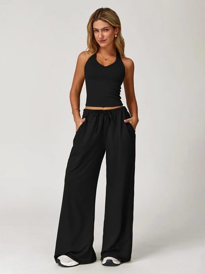 Women's Solid Halter Neck Top & Wide Leg Pants Sports Set, Casual Sleeveless Top & Pants for Daily Outdoor Wear, Ladies Sportswear for Tennis Running, Workout Clothes, Outdoor Sports Clothing