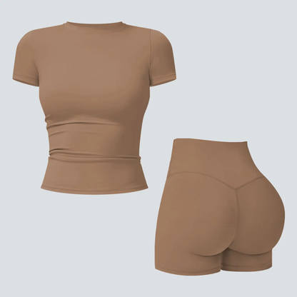 Women's 2-Piece Open-Back Workout Set – Boat Neck Tank Top & Shorts, Tummy Control, Yoga & Gym
