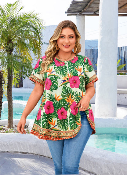 Women's Plus Size Hot Pink Floral & Green Leaf Tunic Top – Short Sleeve Swing Blouse