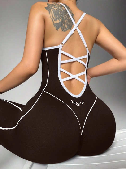 Women's Seamless Sports Jumpsuit | Halter Neck Cross-Back | High-Stretch Yoga Gym Cycling Romper