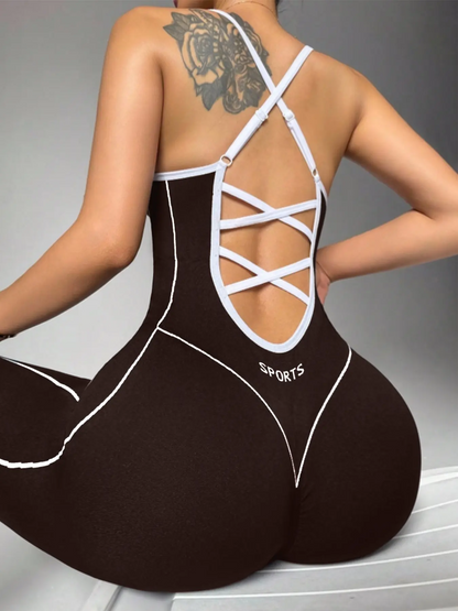 Women's Seamless Sports Jumpsuit | Halter Neck Cross-Back | High-Stretch Yoga Gym Cycling Romper