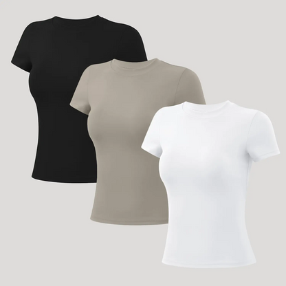 Women's 5-Pack Slim-Fit Sports Tee Set – Moisture-Wicking Nylon, Round Neck Workout Tops for Yoga & Gym