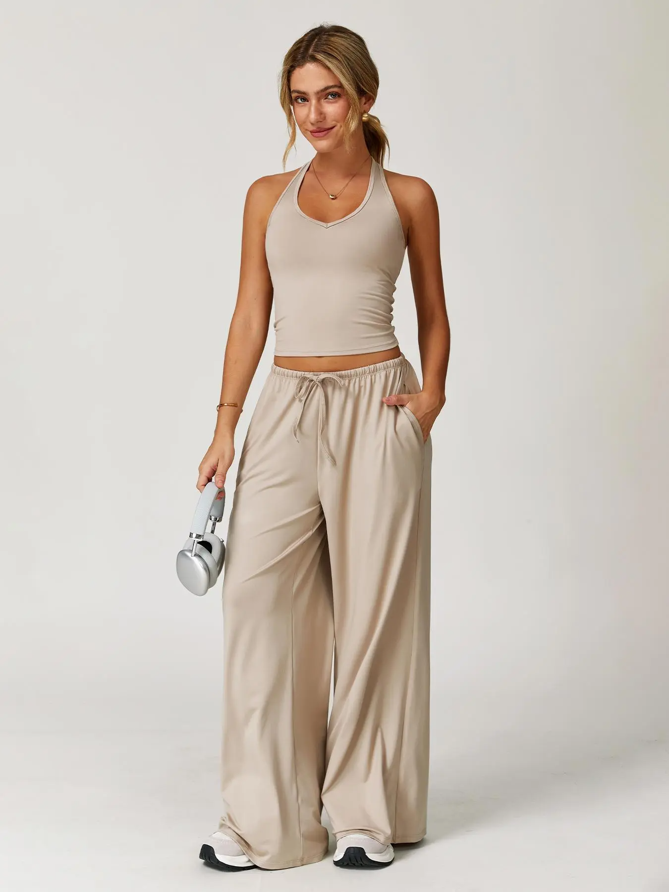 Women's Solid Halter Neck Top & Wide Leg Pants Sports Set, Casual Sleeveless Top & Pants for Daily Outdoor Wear, Ladies Sportswear for Tennis Running, Workout Clothes, Outdoor Sports Clothing