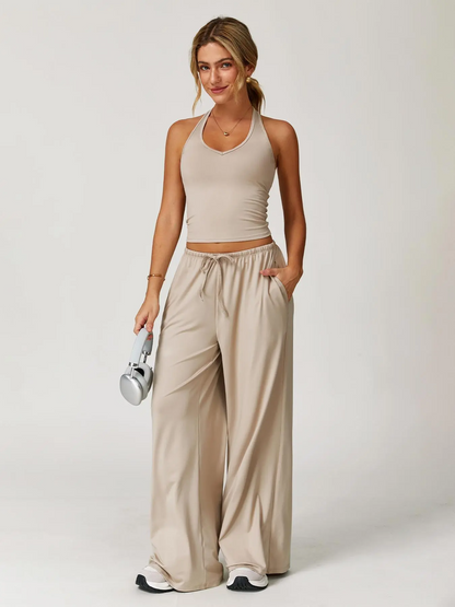 Women's Solid Halter Neck Top & Wide Leg Pants Sports Set, Casual Sleeveless Top & Pants for Daily Outdoor Wear, Ladies Sportswear for Tennis Running, Workout Clothes, Outdoor Sports Clothing