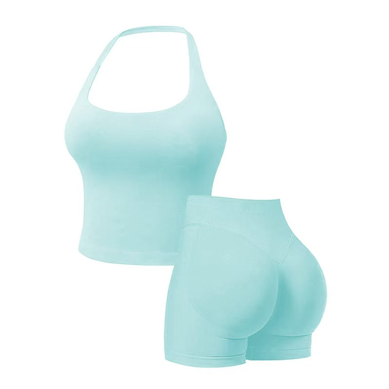 Two-Piece Set Women's Solid Color Halter Top & High Waist Shorts Sports Set, Sporty Breathable Quick Drying Outfits for Yoga Gym Workout Running, Ladies Sportswear for Summer, Quick Dry Activewear
