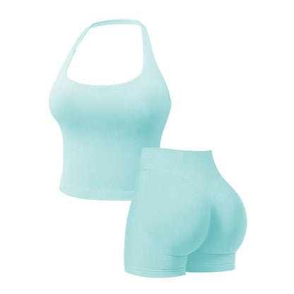 Two-Piece Set Women's Solid Color Halter Top & High Waist Shorts Sports Set, Sporty Breathable Quick Drying Outfits for Yoga Gym Workout Running, Ladies Sportswear for Summer, Quick Dry Activewear