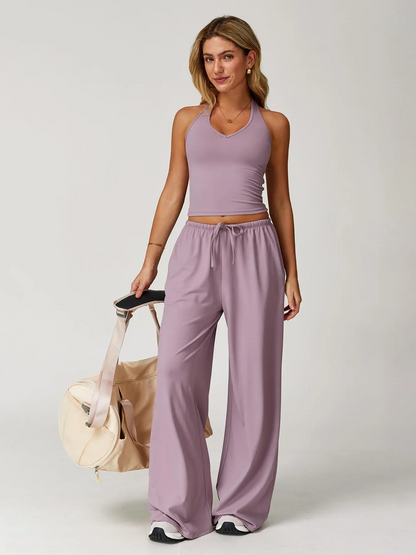 Women's Solid Halter Neck Top & Wide Leg Pants Sports Set, Casual Sleeveless Top & Pants for Daily Outdoor Wear, Ladies Sportswear for Tennis Running, Workout Clothes, Outdoor Sports Clothing