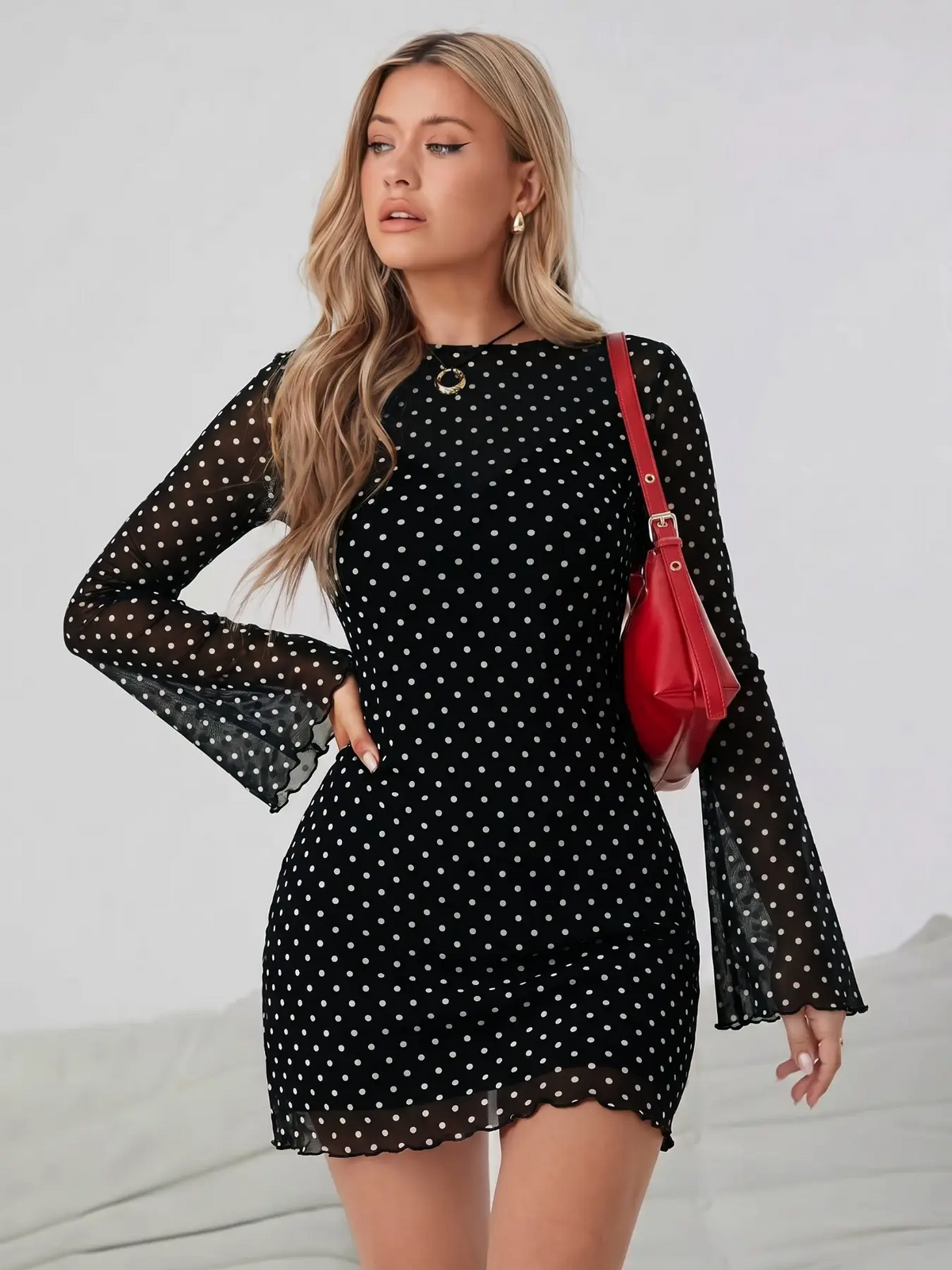 Leopard Print Bodycon Dress – Long Sleeve, Ruffle Hem, Mesh Detail