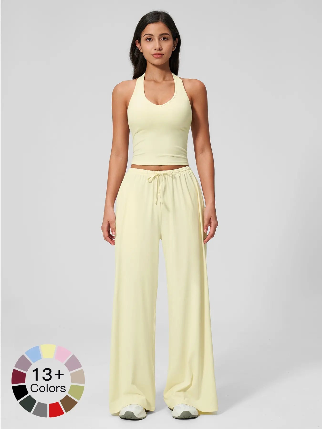 Women's Solid Halter Neck Top & Wide Leg Pants Sports Set, Casual Sleeveless Top & Pants for Daily Outdoor Wear, Ladies Sportswear for Tennis Running, Workout Clothes, Outdoor Sports Clothing