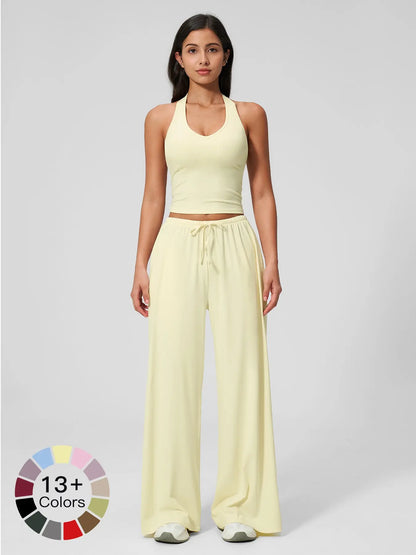 Women's Solid Halter Neck Top & Wide Leg Pants Sports Set, Casual Sleeveless Top & Pants for Daily Outdoor Wear, Ladies Sportswear for Tennis Running, Workout Clothes, Outdoor Sports Clothing