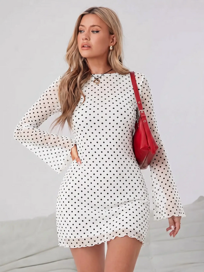 Leopard Print Bodycon Dress – Long Sleeve, Ruffle Hem, Mesh Detail