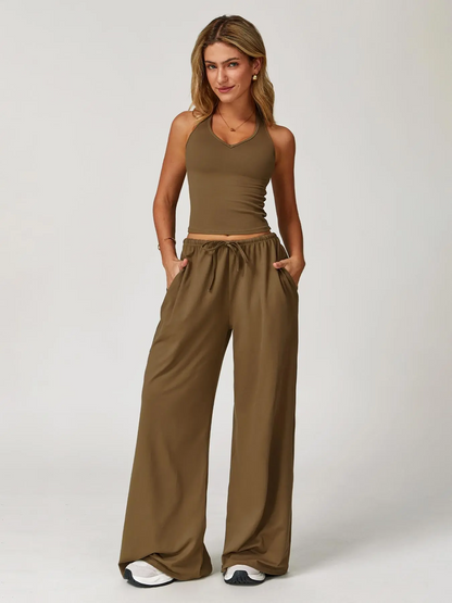 Women's Solid Halter Neck Top & Wide Leg Pants Sports Set, Casual Sleeveless Top & Pants for Daily Outdoor Wear, Ladies Sportswear for Tennis Running, Workout Clothes, Outdoor Sports Clothing