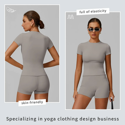 Women's 2-Piece Open-Back Workout Set – Boat Neck Tank Top & Shorts, Tummy Control, Yoga & Gym