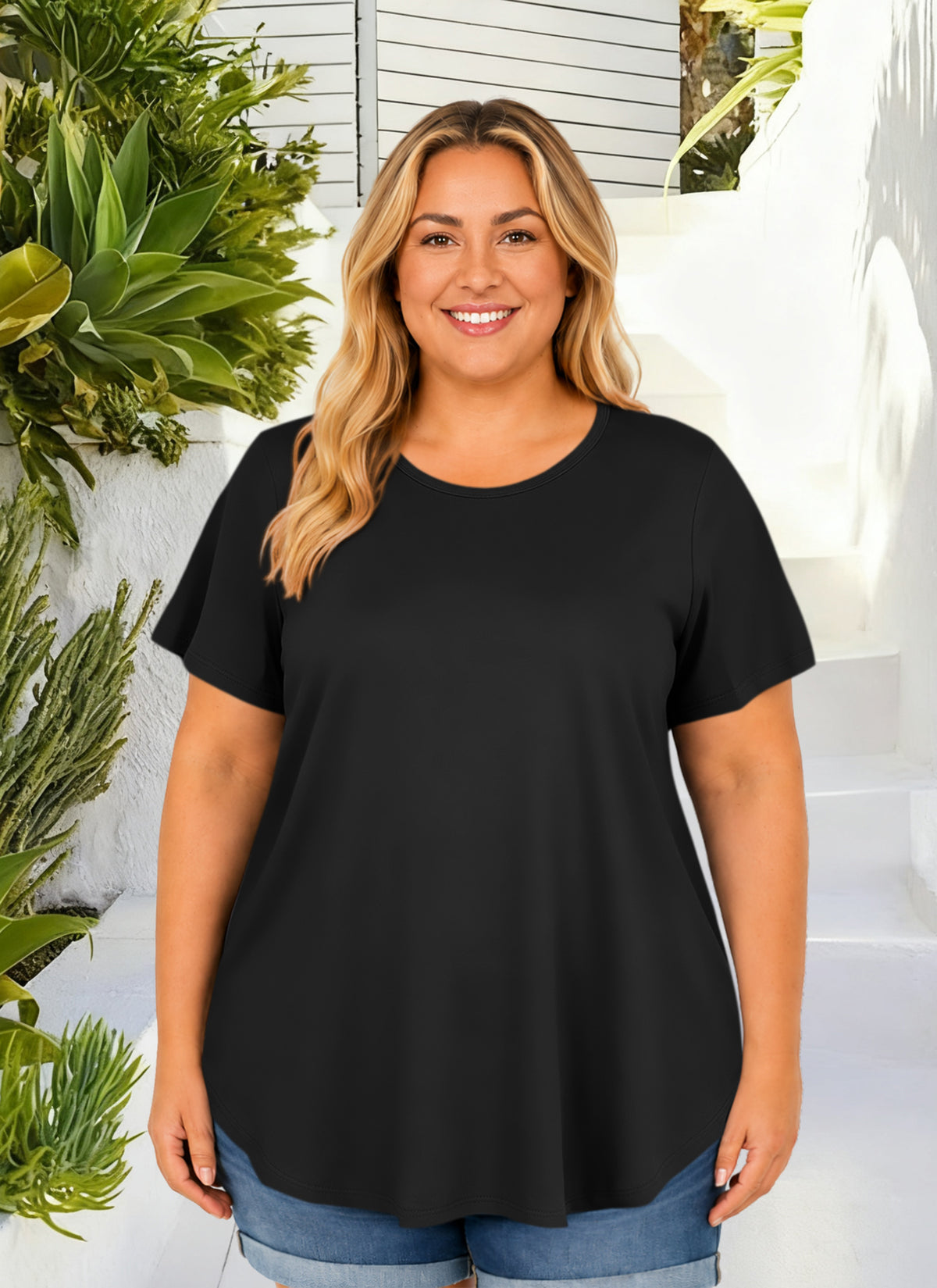 Women’s Plus Size Short Sleeve T-Shirt, Crew Neck Loose Fit Tunic Top, Casual Longline Basic Tee