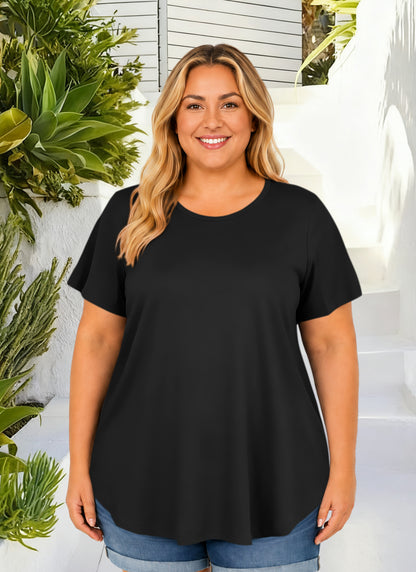 Women’s Plus Size Short Sleeve T-Shirt, Crew Neck Loose Fit Tunic Top, Casual Longline Basic Tee