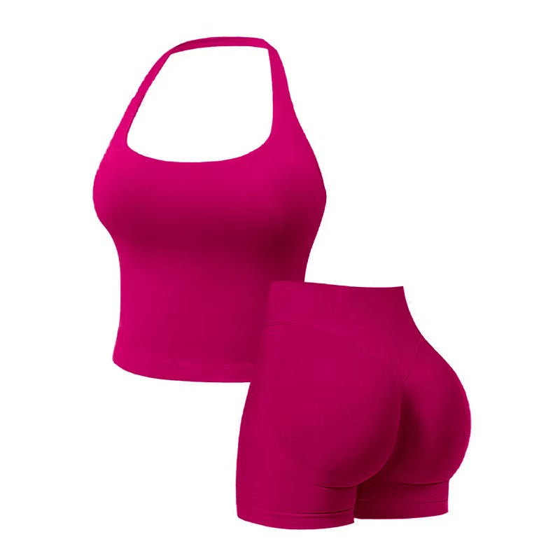 Two-Piece Set Women's Solid Color Halter Top & High Waist Shorts Sports Set, Sporty Breathable Quick Drying Outfits for Yoga Gym Workout Running, Ladies Sportswear for Summer, Quick Dry Activewear