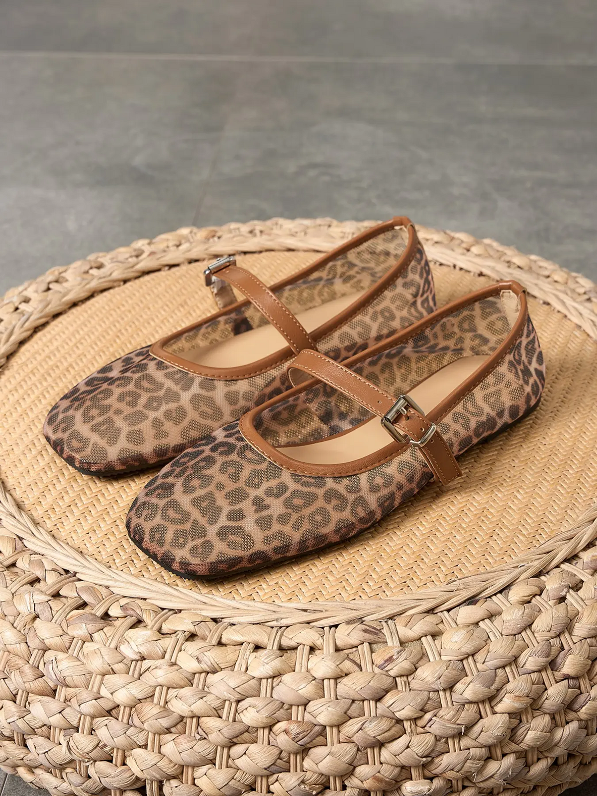 Women's Leopard Print Mesh Flats – Square Toe Slip-On, Breathable & Comfortable